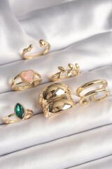 Pirinç Gold Renk Pembe Mineli Kalp Figür Yeşil Zirkon Taşlı 6'Lı Kadın Yüzük Seti