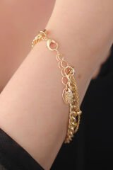 Gold Renk Zincir Model Renkli Taş Detay Kadın Bileklik