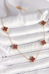 316L Çelik Gold Renk Zincir Bordo Yonca Model Kadın Kolye