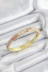 Mineli Pirinç Zirkon Taşlı Pembe Çiçek Motifli Gold Renk Kadın Kelepçe