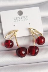 Pirinç Gold Renk Kırmızı Kiraz Model Kadın Küpe