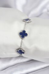 316L Çelik Zincir Gümüş Renk Lacivert Yonca Kadın Bileklik