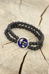 Atatürk Portre Figürlü Lacivert Metal Aksesuarlı Siyah Oniks Doğal Taş Erkek Bileklik