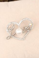 Zirkon Taşlı Love Yazılı Kalpli Broş