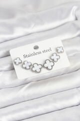 316L Çelik Gümüş Beyaz Renk 3 Boy Yonca Küpe Seti