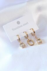 316L Çelik Gold Renk Kare Zirkon Taş Model Kadın Küpe