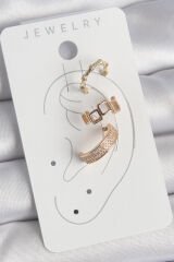 Pirinç Gold Renk Kare Model Zirkon Taşlı 3'Lü Model Kadın Kıkırdak Küpe