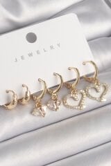 Pirinç Gold Renk Sallantı Zirkon Taşlı Kalp Model Halka Detay Kadın Küpe Seti
