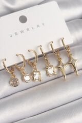 Pirinç Gold Renk Sallantı Kare Zirkon Taşlı Yıldız Model Kadın Küpe Seti