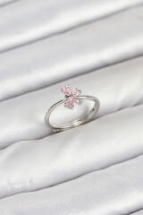 Pirinç Gümüş Renk Pembe Kelebek Kadın Yüzük