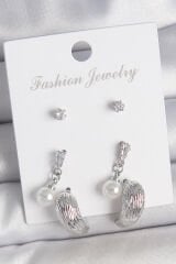 Pirinç Gümüş Renk Sallantılı Zirkon Taşlı Damla Model 3 Çift Kadın Küpe Seti