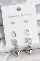 Pirinç Gümüş Renk Zirkon Taşlı Sallantılı Kalp Model Yarım Halka Detay 3 Çfit Kadın Küpe Seti