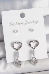 Pirinç Gümüş Renk Zirkon Taş Detaylı Sallantı Model 2 Çift Kadın Küpe Seti