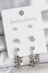 Pirinç Gümüş Renk Zirkon Taşlı Pullu Sallantılı Model 3 Çift Kadın Küpe Seti