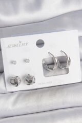 Pirinç Gümüş Renk Zirkon Taşlı Halka Model 3 Çift Kadın Küpe Seti