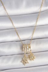 316L Çelik Gold Renk Sallantı Zirkon Taşlı Yıldız Güneş Figür Charm Kadın Kolye