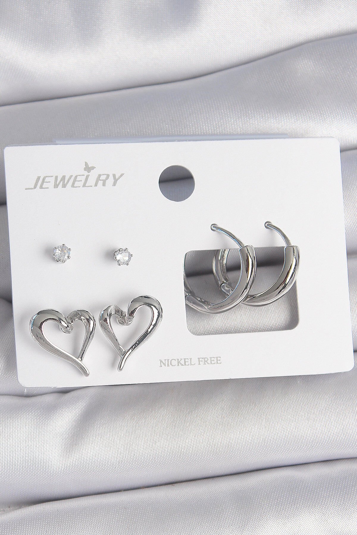 Pirinç Gümüş Renk Zirkon Taşlı Halka Model Kalp Detay 3 Çift Kadın Küpe Seti