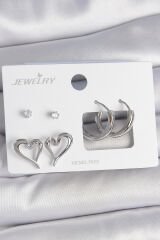 Pirinç Gümüş Renk Zirkon Taşlı Halka Model Kalp Detay 3 Çift Kadın Küpe Seti