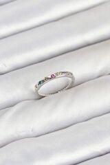 Pirinç Gümüş Renk Renkli Zirkon Taşlı Kadın Yüzük