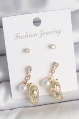 Pirinç Gold Renk Zirkon Taşlı İncili Sallantılı İşlemeli Damla Model 3 Çift Kadın Küpe Seti