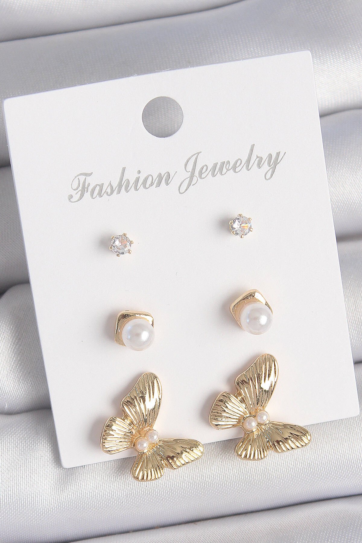 Pirinç Gold Renk Zirkon Taşlı İncili Kelebek Model 3 Çift Kadın Küpe Seti