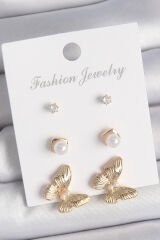 Pirinç Gold Renk Zirkon Taşlı İncili Kelebek Model 3 Çift Kadın Küpe Seti