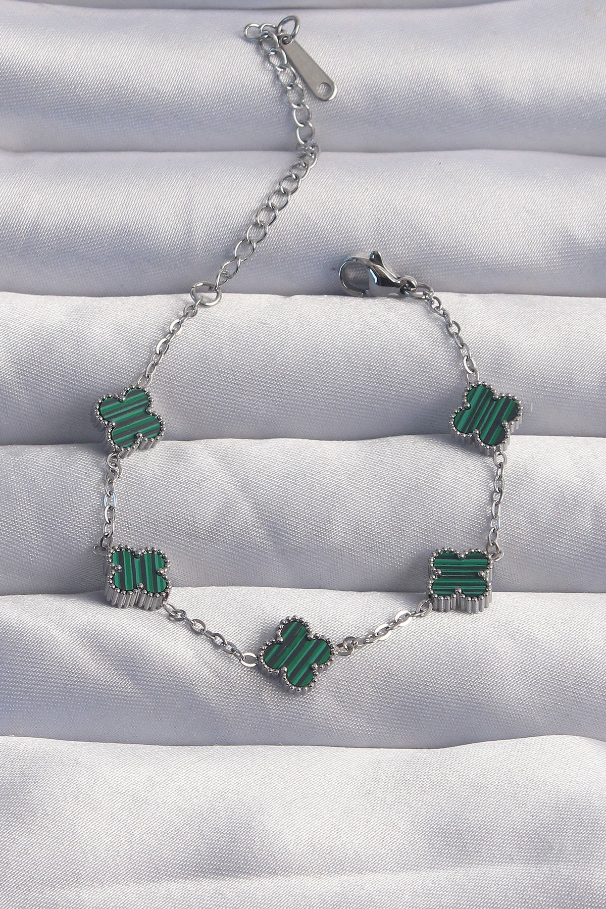 316L Çelik Baby Boy Gümüş Renk Çizgili Yeşil Mineli Yonca Bileklik