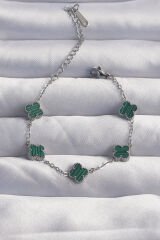 316L Çelik Baby Boy Gümüş Renk Çizgili Yeşil Mineli Yonca Bileklik