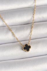 316L Çelik Gold Renk Siyah Yonca Model Kadın Kolye