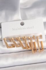 Pirinç Gold Renk Zirkon Taşlı 3 Çift Kare Model Kadın Küpe