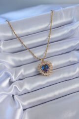 316L Çelik Gold Renk Zirkon Taşlı Kristal Mor Kalp Model Kadın Kolye