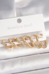 Pirinç Gold Renk Zirkon Taşlı 3 Çift Kalp Model Kadın Küpe