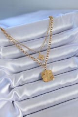 316L Çelik Gold Renk 2'li Zincir Yonca Model Kadın Kolye