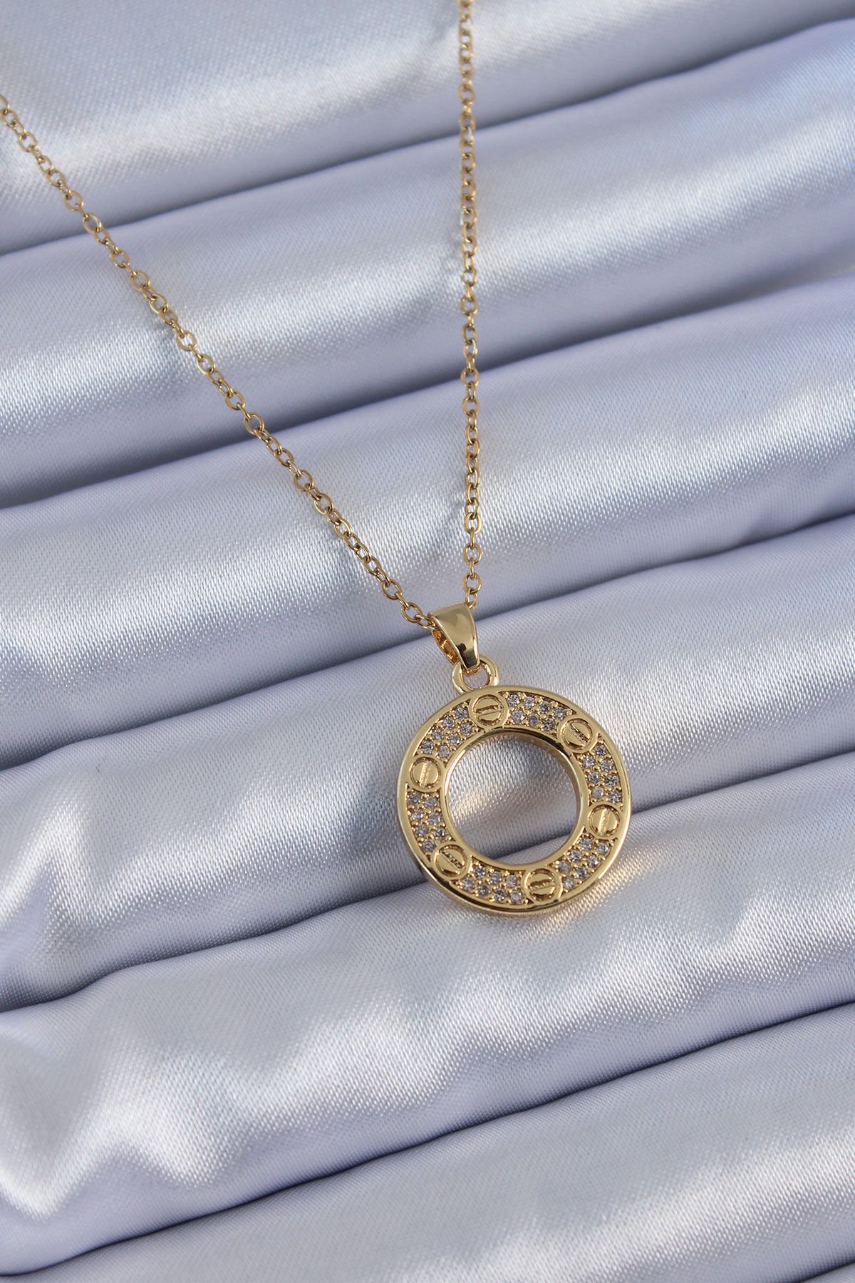 316L Çelik Gold Renk Zirkon Taşlı Model Kadın Kolye