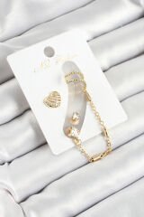 Pirinç Kalp Figürlü Zirkon Taşlı Gold Renk 3'lü Kıkırdak Kadın Küpe Set