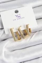 Pirinç Zİrkon Taşlı Dikdörtgen Model Gold Renk 3'lü Kadın Küpe