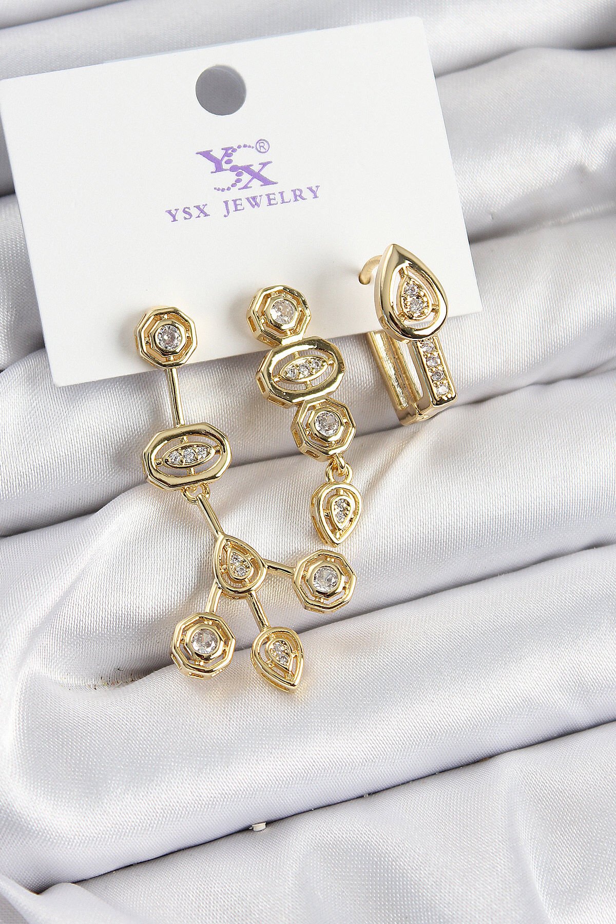 Pirinç Zİrkon Taşlı Geometrik Model Gold Renk 3'lü Kadın Küpe