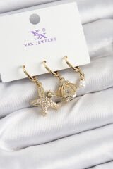 Pirinç Zİrkon Taşlı Deniz Yıldızı Ve İstiridye Model Gold Renk 3'lü Kadın Küpe