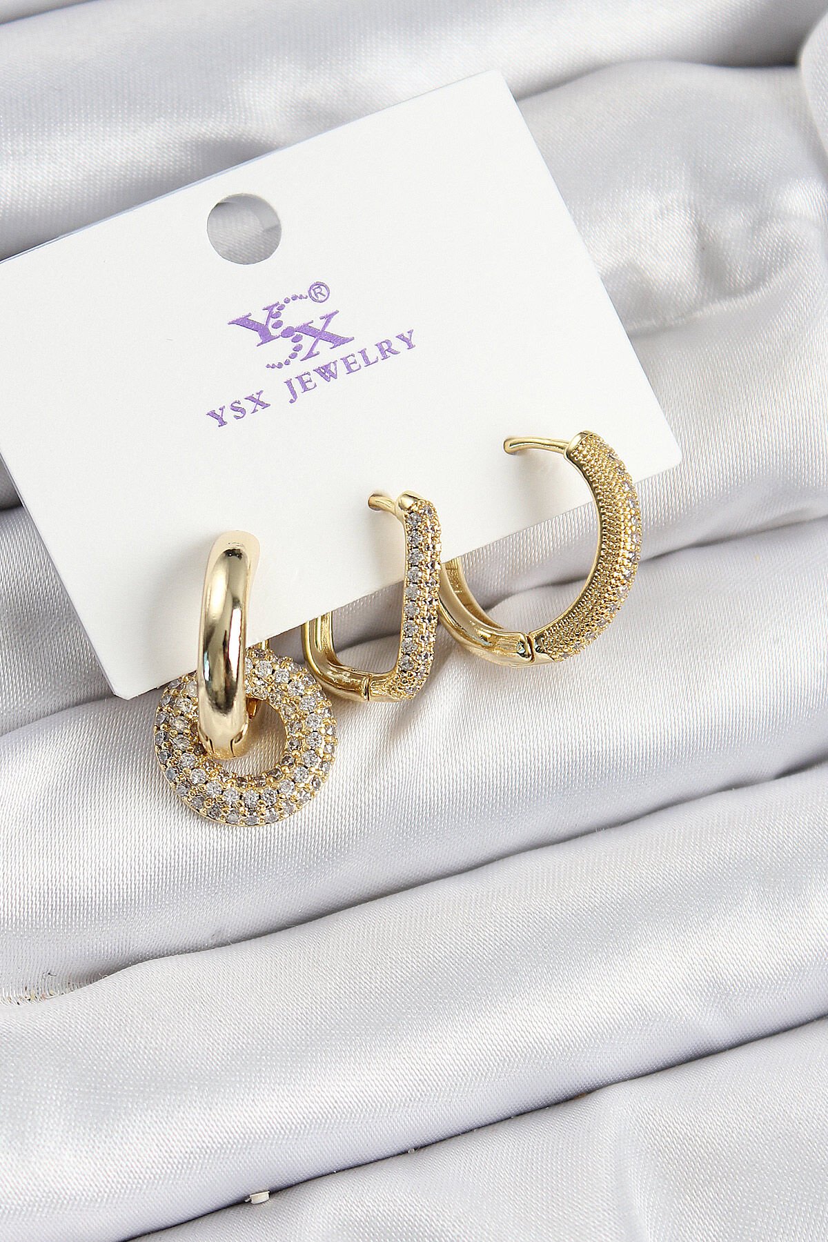 Pirinç Zİrkon Taşlı Halka Model Gold Renk 3'lü Kadın Küpe