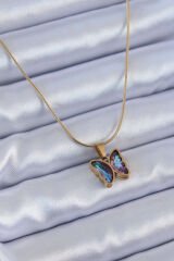 316L Çelik Gold Renk Mor Kristal Taşlı Kelebek Model Kadın Kolye