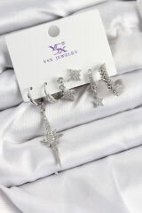 Pirinç Zİrkon Taşlı Kutup Yıldızı Model Gümüş Renk 3'lü Çift Kadın Küpe