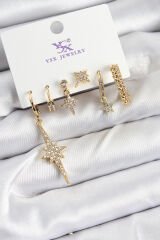 Pirinç Zİrkon Taşlı Kutup Yıldızı Model Gold Renk 3'lü Çift Kadın Küpe