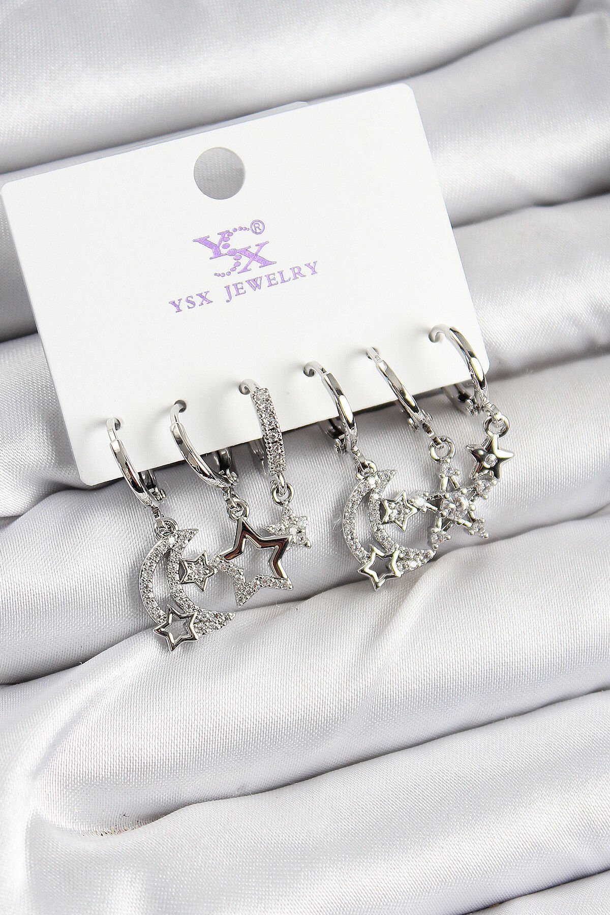 Pirinç Zİrkon Taşlı Ay ve Yıldız Model Gümüş Renk 3'lü Çift Kadın Küpe