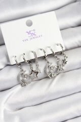 Pirinç Zİrkon Taşlı Ay ve Yıldız Model Gümüş Renk 3'lü Çift Kadın Küpe