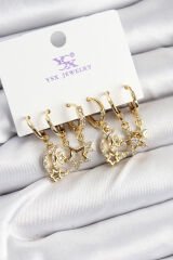 Pirinç Zİrkon Taşlı Ay ve Yıldız Model Gold Renk 3'lü Çift Kadın Küpe