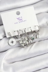 Pirinç Zİrkon Taşlı Kelebek ve Yıldız Model Gümüş Renk 3'lü Çift Kadın Küpe