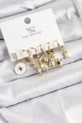 Pirinç Zİrkon Taşlı Kelebek ve Yıldız Model Gold Renk 3'lü Çift Kadın Küpe