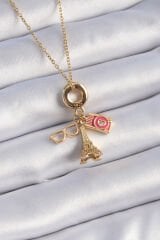 316L Çelik Gold Renk Eyfel Kulesi Fotoğraf Makinesi Figür Charm Model Kadın Kolye