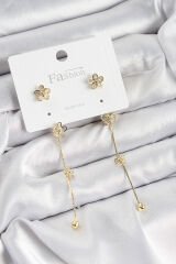 Pirinç Zirkon Taşlı Sallantılı Çiçek Model Gold Renk 925 Ayar Gümüş Çivi Kadın Küpe