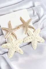 Pirinç Sallantılı Krem Deniz Yıldızı Model Gold Renk Hasır Küpe